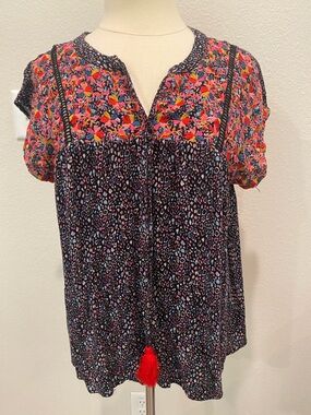 Savanna Jane Black Multi-Color Embroidered Boho Short Sleeve Top Medium